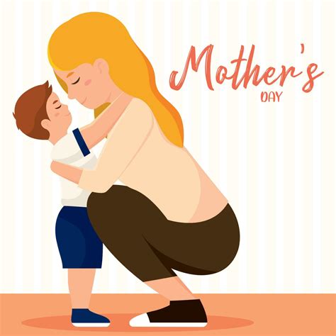 Cute Mother Hugging Her Son Happy Mother Day Vector Illustration