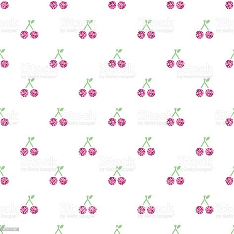 Seamless Pink Cherry Glitter Pattern On White Background Stock