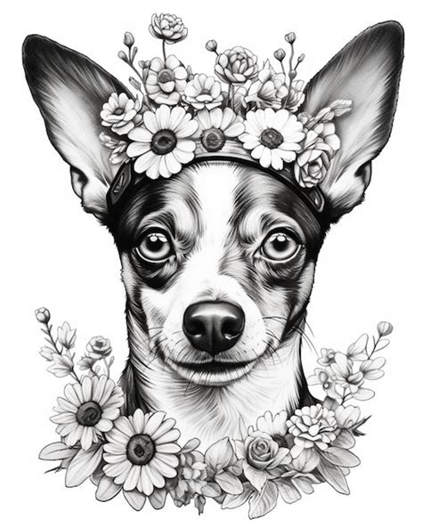 Un Dibujo En Blanco Y Negro De Un Perro Con Flores En La Cabeza Ai