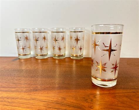 Mid Century Modern Cocktail Glasses Dominion Atomic Starburst Gold Frosted Set Of 5