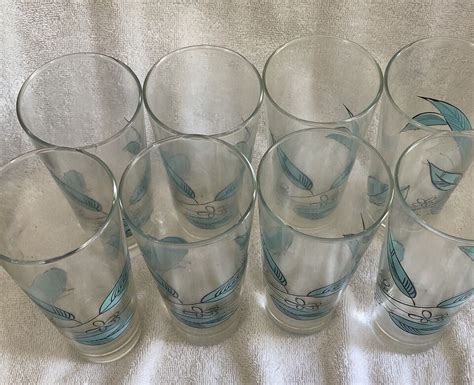 Vintage Salem Biscayne Iced Tea Tumblers Coolers Blue Leaf Mid Century 8 Pc Set Ebay