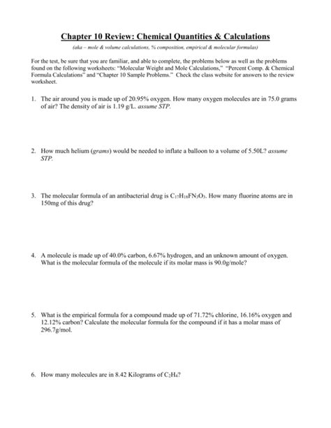 Solution Chemistry Worksheet Chemical Quantities Studypool