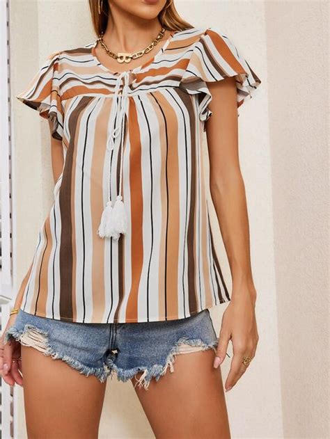 Striped Tie Neck Butterfly Sleeve Blouse Shein Usa