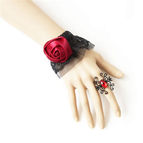 Gothic Black Lace Wristband Red Rose Bracelet With Ring J