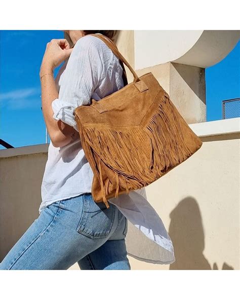 Sac Franges Hippie Chic Daim Croute De Cuir Camel Avec Franges