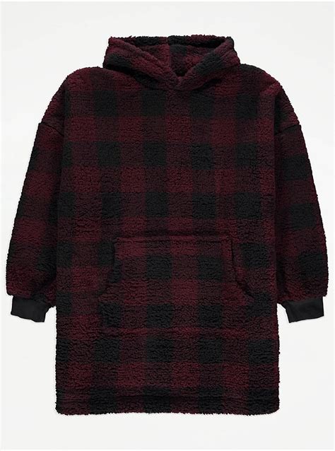 Burgundy Checked Oversized Borg Hoodie Men George At Asda