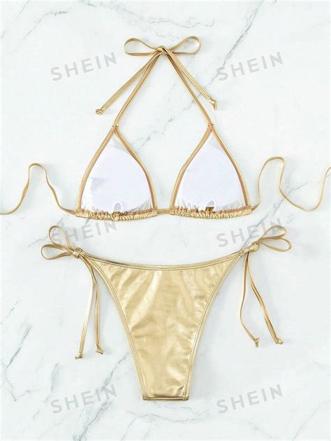 Shein Swim Ba Ador Bikini De Color Met Lico Halter Tri Ngulo Con Cord N