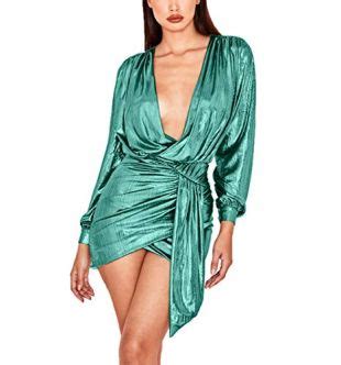 Ophestin Ophestin Womens Sexy Deep V Neck Metallic Glitter Ruched