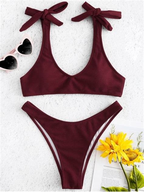 Tie Shoulder Ribbed Bikini Set Red Wine L Bikinis Womens Swimsuits