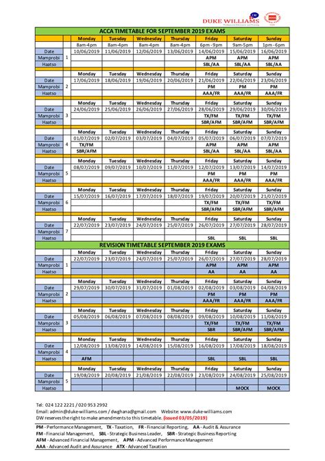 Acca Timetable For September 2019 Exams Duke Williams Ltd