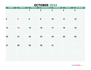 October 2024 Printable Calendar | Calendar Quickly