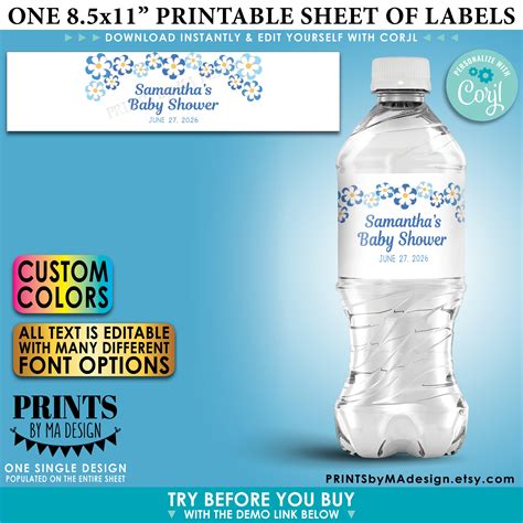 Baby Shower Water Bottle Labels Custom Color Flowers Floral Diy