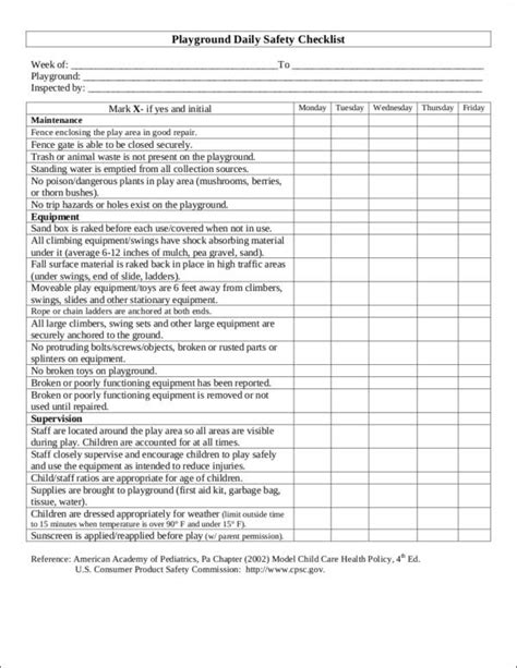 Printable Playground Inspection Forms