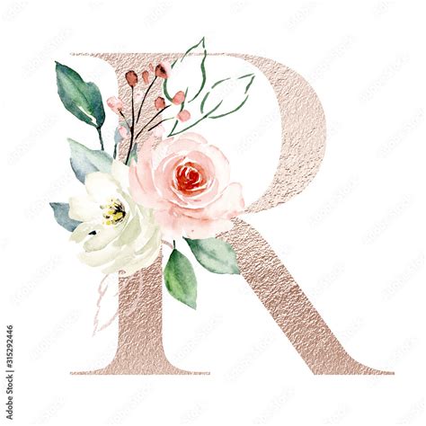 Letter R Gold Alphabet Letters With Watercolor Flowers Roses And Leaf