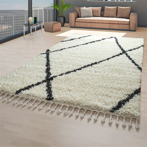 Skandi Teppich Beige Wohnzimmer Hochflor Rauten Muster Skandinavisches