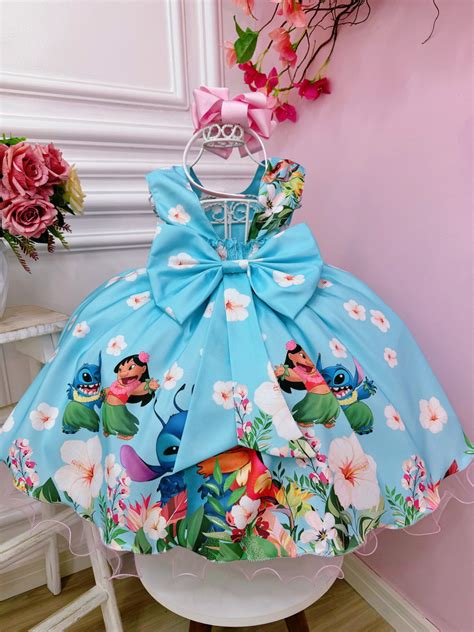 Vestido Infantil Lilo E Stitch Azul Florido Festas Elo