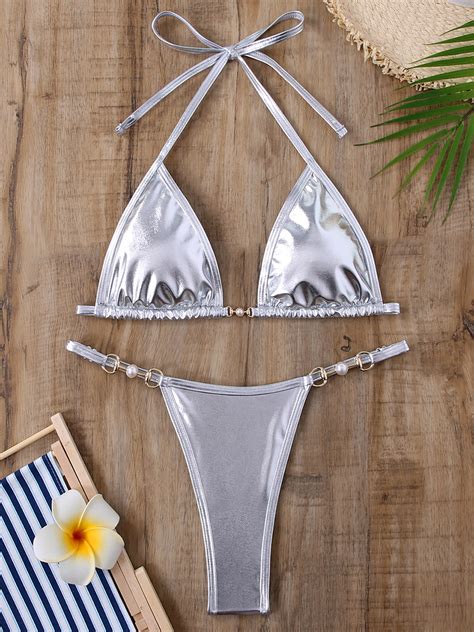 PU Leather Pearls Bikini Mini Micro Thong Bikinis Women Swimwear Female