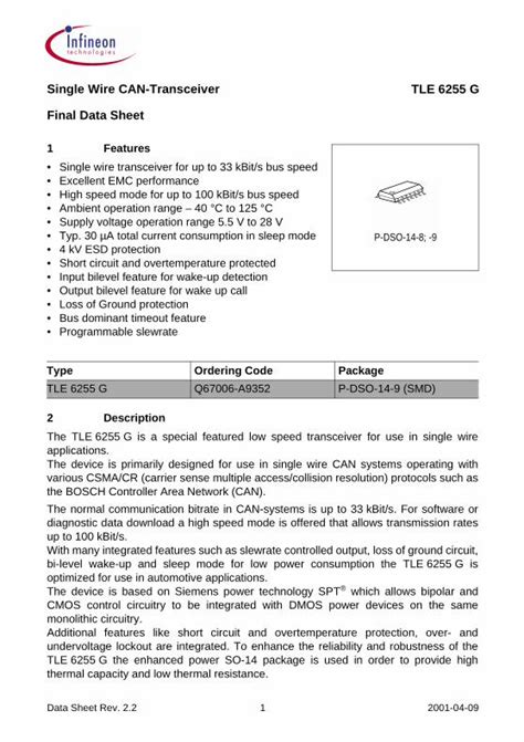 Pdf Single Wire Can Transceiver Tle G Final Data Sheet Sheets