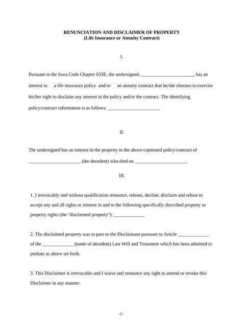 Iowa Renunciation And Disclaimer Of Property From Life Insurance Or Annuity Contract Iowa Form