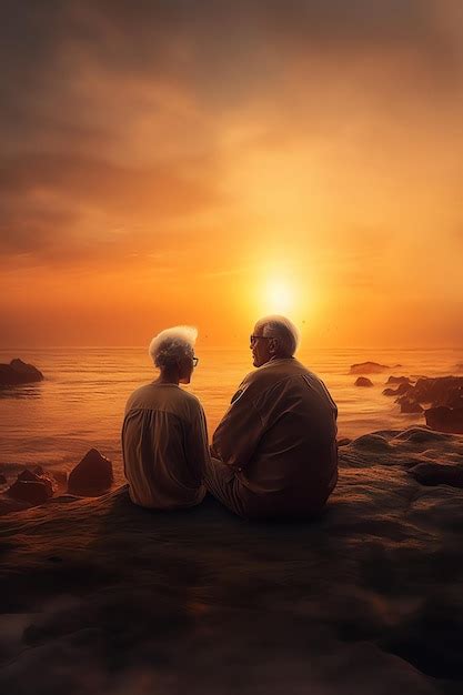 Una Pareja Mayor Se Sienta En Una Playa Mirando La Puesta De Sol