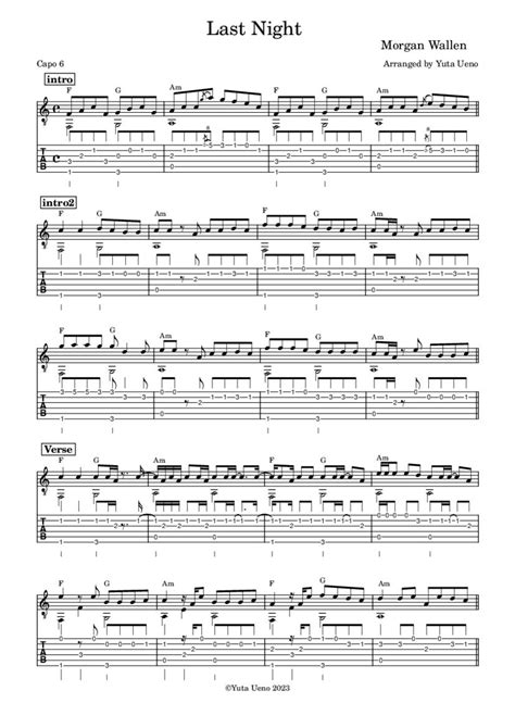 Last Night Morgan Wallen Fingerstyle Guitar Tab Yuta Ueno