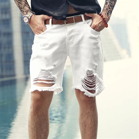 2018 Men New Summer White Ripped Holes Denim Shorts Jeans Men European Style Fashion Buttons