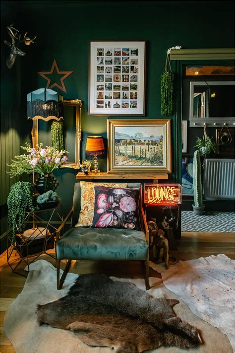 Dark Green Living Room Wall Maximalist Eclectic Maximalist Decor