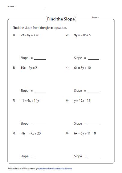 Finding Slope Printable Worksheets