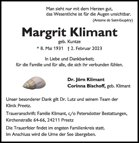 Traueranzeigen Von Margrit Klimant Trauer Anzeigen De