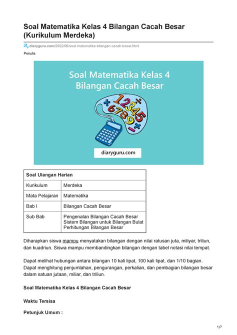 Soal Matematika Kelas 4 Bilangan Cacah Besar Kurikulum Merdeka