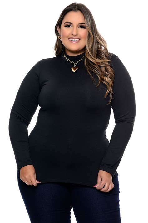 Blusa De Manga Longa Plus Size Micro Thermo Preta Vk Moda Plus Size