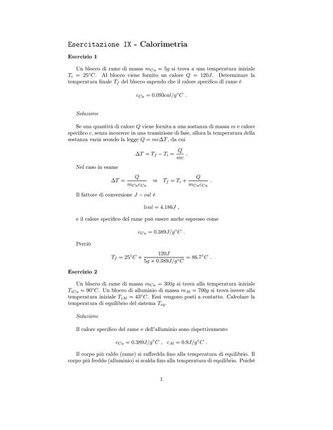 Esercizi Calorimetria Esercitazione Ix Calorimetria Esercizio Un