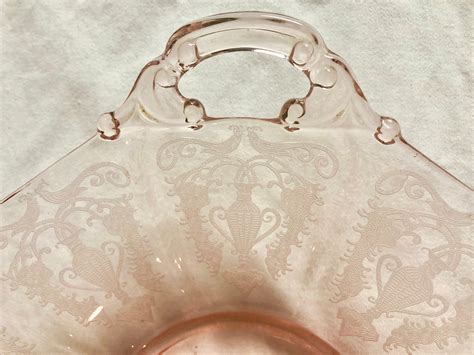 Antique Blush Pink Depression Glass Octagonal Shaped Serving Bowl With Scrolled Handles In A