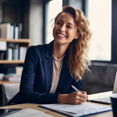 Premium Photo A Woman Sits At A Desk With A Laptop And A Pen In Her Hand