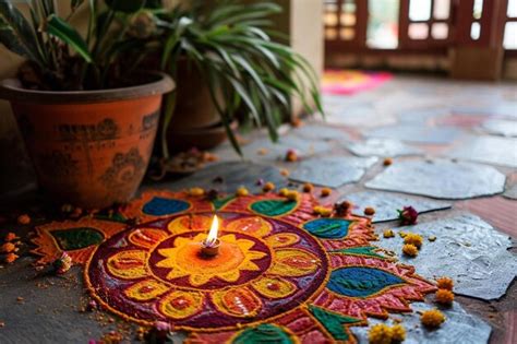 Premium Ai Image A Decorated Rangoli With A Lit Candle On The Ground