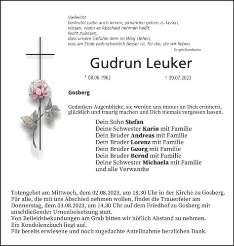 Gudrun Leuker Traueranzeige Trauer InFranken De