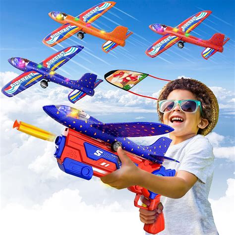 Kids Foam Plane Toy Set, 3 in 1 LED Airplane Glider Launcher, 2 Flight ...