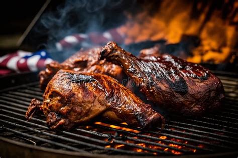 BBQ Meat Grilled Dark Background Smoke Fire Beef Steaks On The Grill