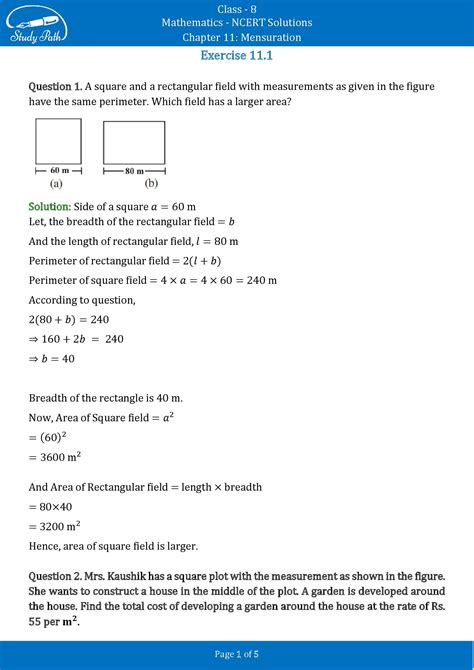 Ncert Solutions For Class Maths Chapter Mensuration Study Path