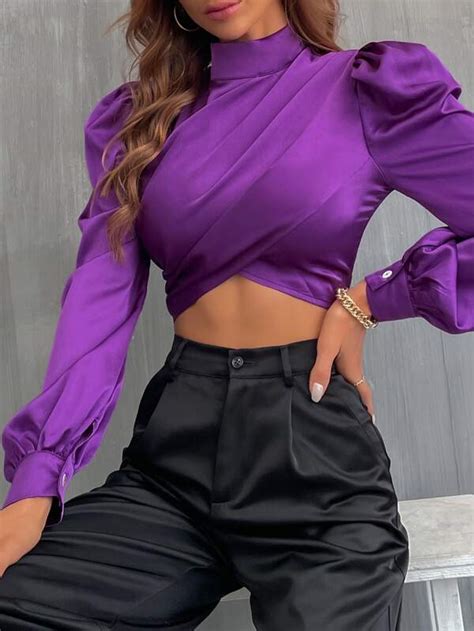 Shein Priv Solid Puff Sleeve Crop Blouse Shein Uk