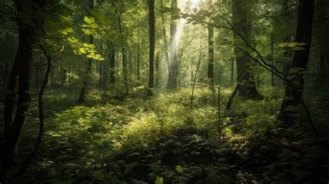 Premium AI Image A Forest With A Sunbeam In The Middle