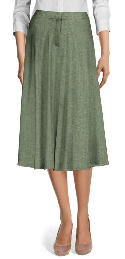 Traje Falda Midi Con Vuelo Verde Claro Herringbone De Tweed Sumissura