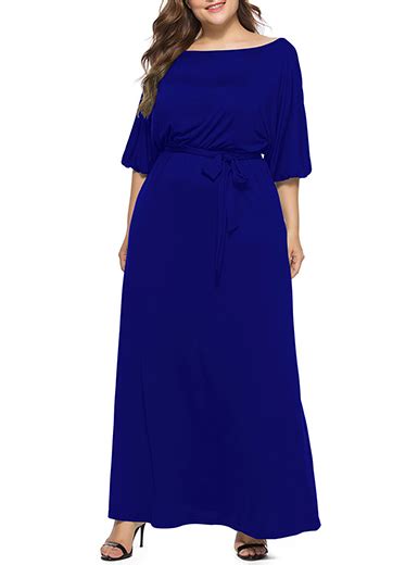 Maxi Plus Size Dress Cleric Style Sash Tie Mid Length Sleeves Royal Blue