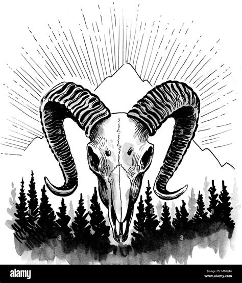 Ram Skull And Mountain Ink Black And White Illustration Stock Photo