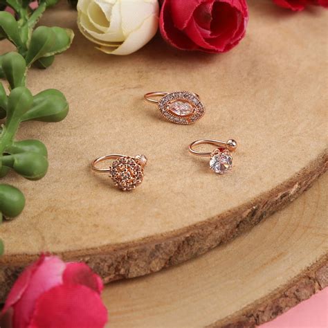 Accessher Pack Of 3 Rose Gold Plated Studded With White American