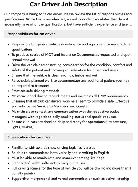 Car Driver Job Description Velvet Jobs