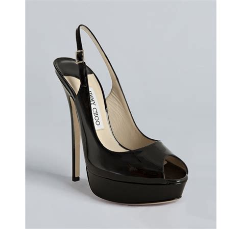 Jimmy Choo Black Patent Leather Vita Peep Toe Platform Slingbacks