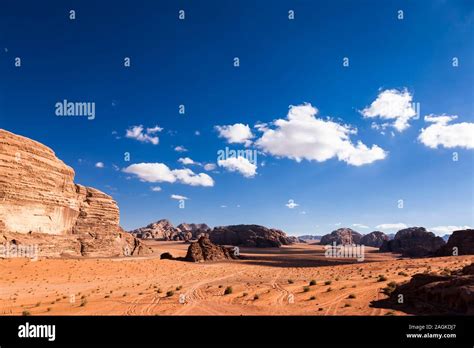 Wadi Rum Landscapes Of Sandy Desert And View Of Eroded Rocky