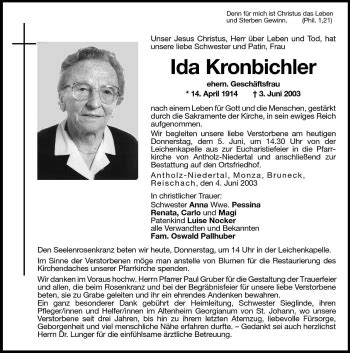 Traueranzeigen Von Ida Kronbichler Trauer Bz