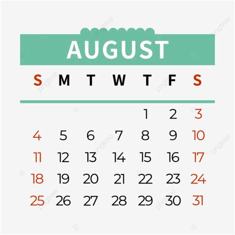 Agosto Calendario Verde Estilo Simple Vector Png